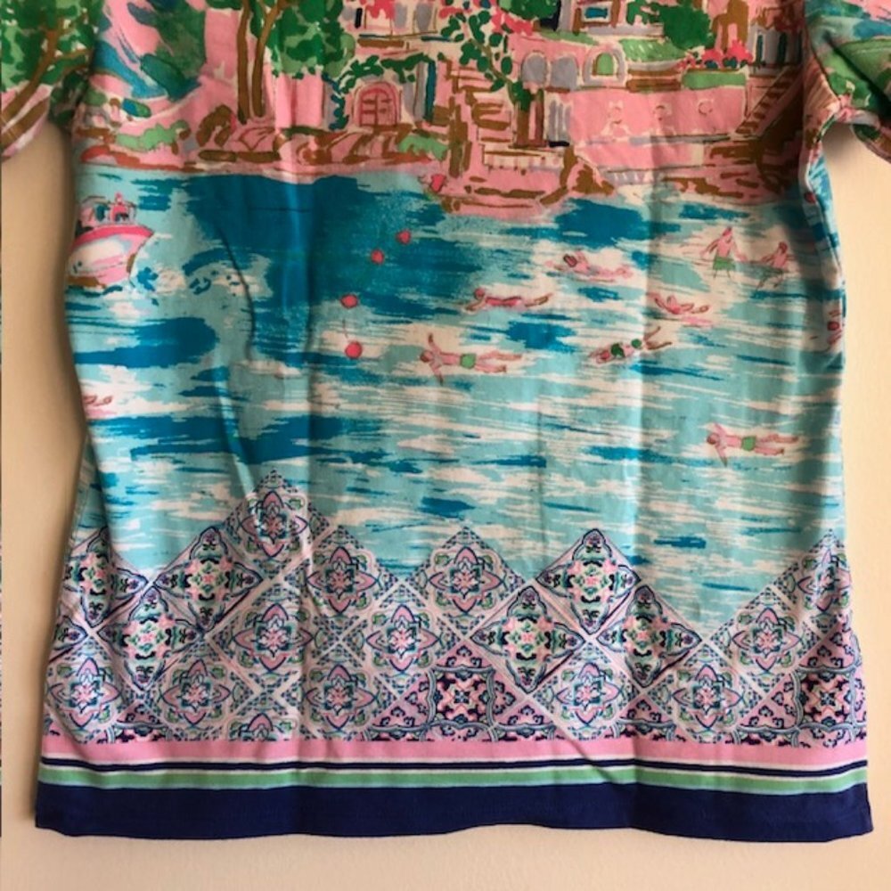 TALBOTS Scenic Mediterranean Tee Short Sleeve Crewneck Blue Pink - Picture 10 of 16
